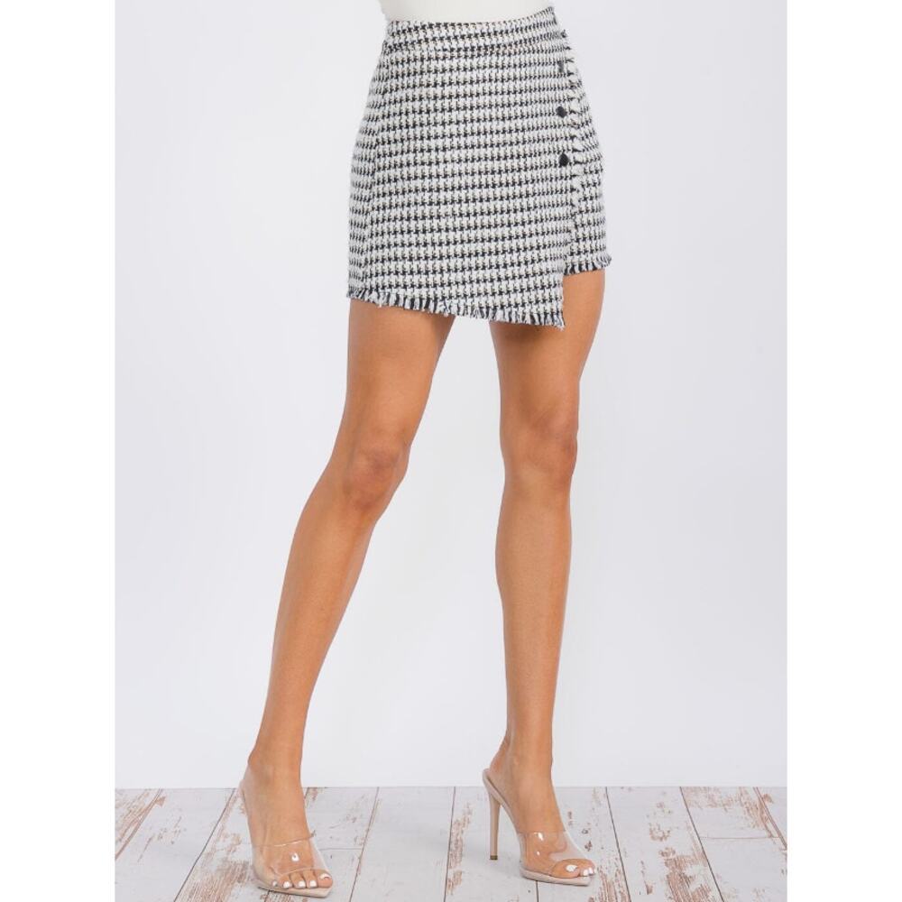Tweed Houndstooth Skort Wrap Mini Skirt Button Front - Picture 4 of 5